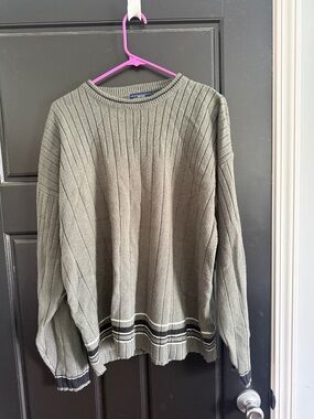 Sonoma Olive Ribbed Crewneck Sweater with Stripe Hem